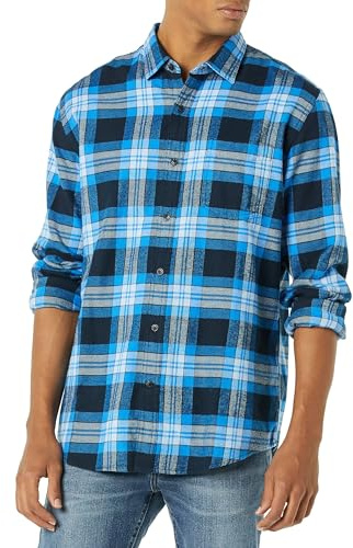 Amazon Essentials Men's Regular-Fit Long-Sleeve Flannel Shirt (Available in Big & Tall), Black Blue Grey Tartan Plaid, Large