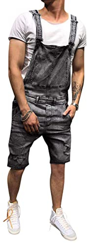 Oanviso Pantalones Cortos Vaquero Hombre Mono Moda Casual Pantalones de Mezclilla Mono de Lavado Pantalones Cortos Rasgados Monos Vaqueros de Mono Multibolsillo Pantalón de Tirantes D Gris L