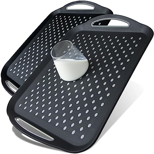 Large Nonslip Serving Tray with Handles, Silicone Grippy Dots Lap Food Trays for Eating, Dishwasher Safe Serve for Breakfast Dinner Snack Fruit Appetizers Beverage, Rectangular, Set of 2, Black