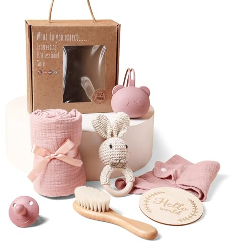 WOODEN TEETHER Set regalo per bambino, neonato regalo bambino Set nascita festa neonato regalo giocattoli (rosa set, Ohne Name)
