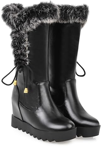 DEVILEYEZE Women's Mid-Calf Winter Platform Hidden Wedge Boots Slip-on Thick Rabbit Fur Collar Warm Waterproof Stretch Leather Non-slip Snow Boot (black,10.5,10.5,Women)