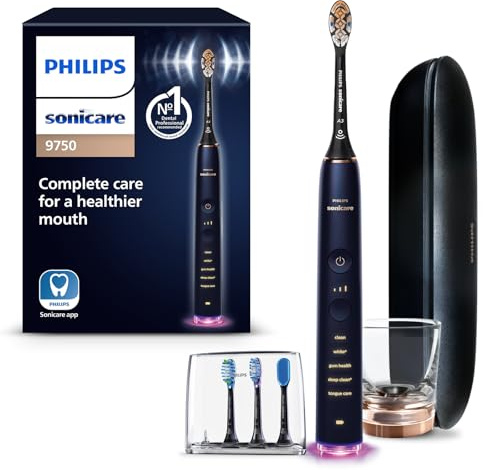 Philips Sonicare DiamondClean Smart 9750 Electric Toothbrush - Sonic Toothbrush with App, Pressure Sensor, 15 Brushing Settings, Replacement Reminder, USB Charging Travel Case, Lunar Blue, HX9954/74