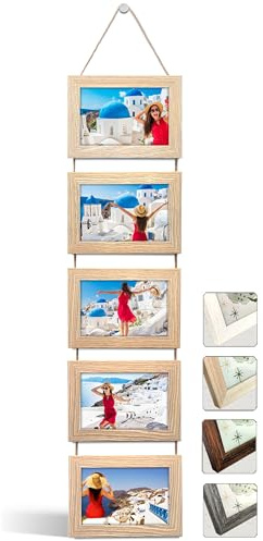 NEOWS Portafotos Múltiple Decorativo para Colgar en Pared - Marcos de Fotos Multiples de Madera Con Cuerda - Collage Portarretratos Colgante - Fotos 10x15 cm (Roble Natural, 5 Fotos Horizontal)