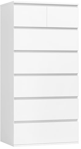 FOREHILL Cómoda Dormitorio con 7 Cajones, Cómodas y Cajoneras Dormitorio, Sinfonier Alto, Mueble Almacenaje, Salón, Recibidor, Madera, Blanco, 60x40x119cm