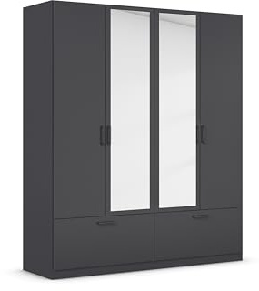 Rauch Möbel Bari, Kleiderschrank für Schlafzimmer, Wohnzimmer, Kinderzimmer, Flur, Garderobe, 4-türig, mit Spiegel und 2 Schubladen, Farbe Grau metallic, Schwarz, Breite 181 cm