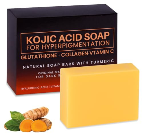 Pure Kojic Acid & Turmeric Soap Bar 100g - Skin Brightening Bar for Face & Body, Helps Improve Uneven Skin Tone, Dark Spots & Acne, with Glutathione & Hyaluronic Acid, Includes Foaming Net