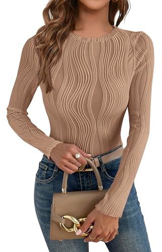 PRETTYGARDEN Women's Tops 2026 Spring Fashion Long Sleeve Crewneck Blouse Fitted Textured Basic Knit T Shirt Y2k Clothes(Khaki,Medium)