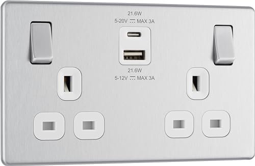 BG Electrical 22W Double Switched Power Wall Plug Socket with Fast Charge Type A and C USB Ports, Screwless, Flatplate, Brushed Steel, White Inserts, 13A, FBS22UAC22W