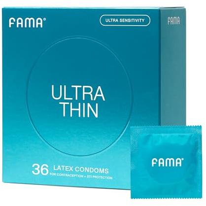 FAMA Ultra Thin Condoms – 0.04mm, Extra Lubricated, 25% Thinner Natural Latex, 36 Pack, FDA-Cleared, 53mm Diameter, Hypoallergenic, Odorless, Long-Lasting Comfort