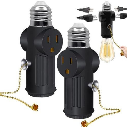 2-Pack E26/E27 Light Socket to Plug Adapter 3 Prong with Switch Black