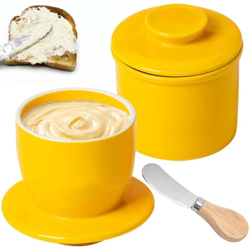 Asfrode Beurrier français en céramique avec couteau à fromage et couvercle rond - Cloche à beurre - Beurrier vintage - Cloche à beurre en céramique pour tartiner le beurre