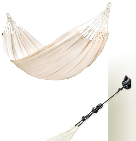 LA SIESTA® Modesta dubbel hängmatta i ekologisk bomull och vägg- och plattformsfäste - inomhus hängmatta med rem - bärbar hängmatta i bomull, 2-sits hängmatta duk för trädgård, balkong, pool - latte
