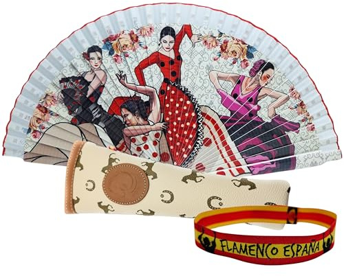 Confezione di ventaglio con disegno di danza fenicottero con custodia artigianale realizzata in Ubrique e bracciale in tessuto, design tradizionale spagnolo souvenir o regalo (4 ballerine bianche