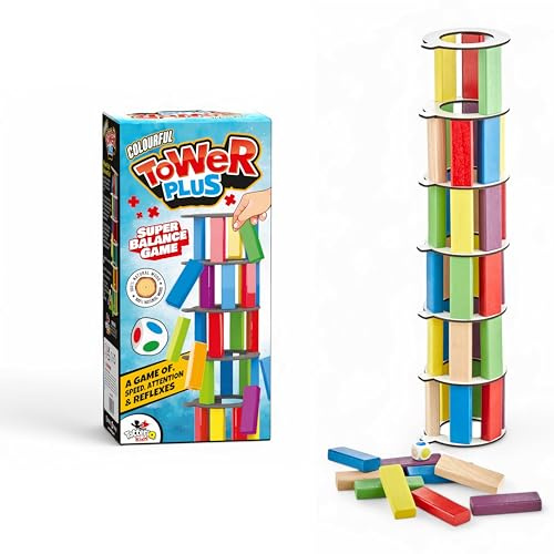 totteriq Colour Tower Plus – 50-Piece Stacking Game with Dice & Wooden Rings – Tumbling Block Game for Kids & Adults – Fun, Educational Game to Improve Focus, Balance & Coordination – Ages 5 plus