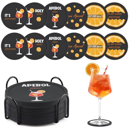 12 Pezzi Sottobicchieri Silicone, Aperol Antiscivolo Sottobicchiere con Supporto, Sottobicchieri Personalizzati per Caffè, Birra, Boccali, Bicchieri da Vino, Casa, Bar, Sotto Bicchieri da Tavola (12)