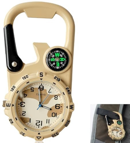 GOMETY Taschenuhr mit Karabiner Schwesternuhr, Clip Karabineruhr mit Leuchtendes, Kalender, Woche, Wecker, Kompass, Digital Uhr Analog Quarzuhr Multifunktionale für Camping Bergsteigen (Braun)