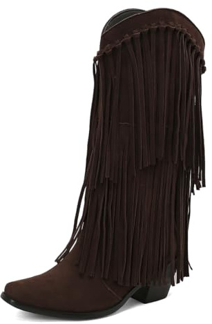 MISSUIT Damen Westernstiefel mit Fransen Cowboystiefel Wildleder Kniehoch Stiefel Blockabsatz(Braun,39)