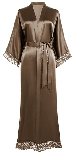 BABEYOND Women's Kimono Dressing Gown Satin Kimono Robe Long Kimono Bridesmaid Bath Robe with Lace Trim for Nightwear Girl's Bonding Party Wedding Pajama Party Coffee