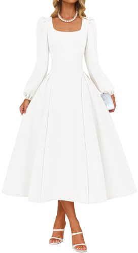ZESICA Women's Long Sleeve Midi Dresses 2026 Fall Square Neck Swing A Line Wedding Guest Evening Prom Dress,White,Medium