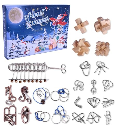 Advent Calendar 2025, 24 Days Christmas Countdown Calendar with Brain Teaser Metal Puzzle Ring & Wooden Toy for Kids & Adults, Fidget Puzzle Challenge Gifts for Boys Girls Teens