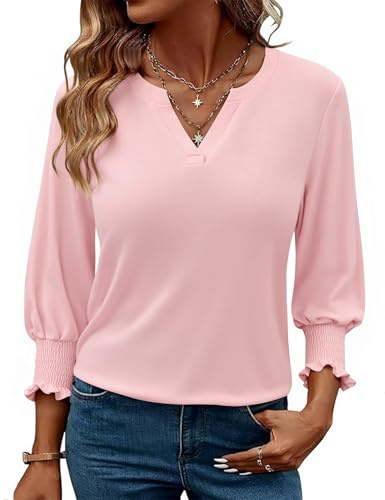 Gyabnw Hauts Femme Manches Trois-Quarts Col V T Shirts Poignets Volantés Ourlet Courbé Élégant Maille Jersey Tee Coupe Classique Basique Blouse Mode Quotidien Bureau Décontracté