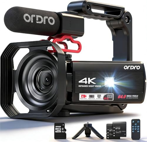 ORDRO Videocámara Z36 4K, cámara de vlogging de 64 MP con zoom digital de 18X, luz de relleno LED, pantalla de 3.0 pulgadas, visión nocturna IR