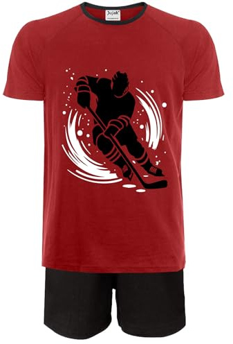 Jujak Kids Ice Hockey Short Pyjamas Design 2 Pjs Cotton Loungewear (UK, Age, 9 Years, 10 Years, Regular, Red)