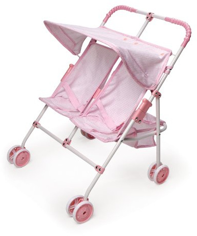 Badger Basket Double Doll Stroller - Foldable Tandem Stroller for Dolls with Canopy, Basket & Safety Belts - Lightweight Toy for Kids - Design in Pink & White