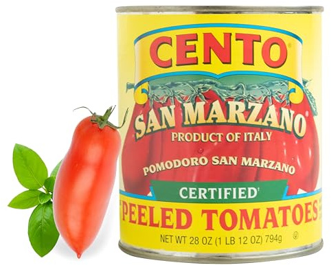 Cento Certified San Marzano Whole Peeled Tomatoes, 28 Oz, Canned Plum Tomatoes in Thick Puree with Basil, Grown and Processed in Italy