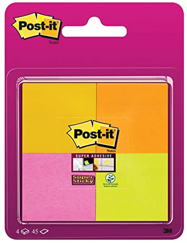 Post-it Super Sticky Notes, 180 Sheets, Pack of 4 Pads, 47.6 mm x 47.6 mm - Holds Strong to Many Surfaces - Green, Orange, Pink, Yellow - For Walls, Monitors and Fridge, Recycable