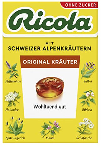 Ricola Original Kräuter, 50g Böxli Original Schweizer Kräuter-Bonbons mit 13 Schweizer Alpenkräutern, zuckerfrei, 1 x 50g, vegan