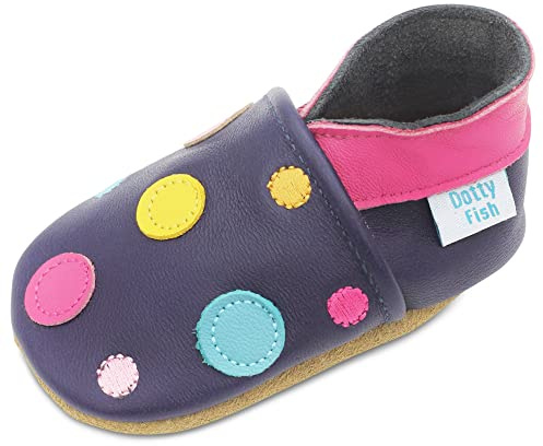 Dotty Fish Girls Soft Leather Baby and Kids Barefoot Shoes. Non-Slip Suede Soles. Elasticated Ankles, Podiatry Approved, Breathable, Lightweight & Flexible - Navy Spotty 12-18 Months
