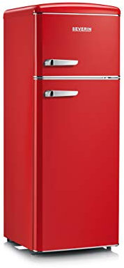 SEVERIN Nevera y congelador de doble puerta, nevera vintage con 208 litros de capacidad total, nevera retro de clase energética E con luces LED, rojo, RKG 8930