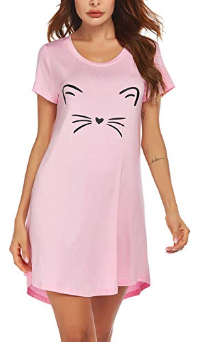 MAXMODA damnattlinne bomull kortärmade nattkläder negligéer sovskjorta t-shirt sovskjorta S-XXL, A_rosa, L