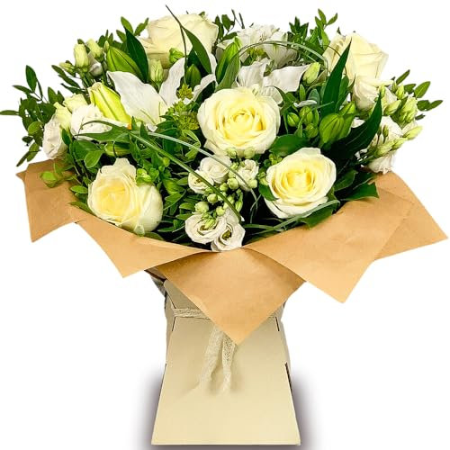 Elegant Treasured Memories Hand-Tied Fresh Flower Bouquet - White Roses, Gerberas, Lisianthus - Next Day Delivery - Ideal for Birthdays, Anniversaries, and Thank You Gifts