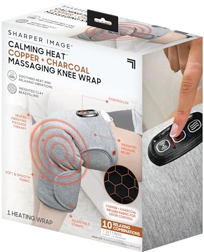 Calming Heat Knee Wrap by Sharper Image | Weighted Copper & Charcoal, Heating Pad, Auto Shut-Off Feature, Gift for Holidays, Women & Men | 2 Heat & 5 Vibrating Massage Settings, 30.3” x 16.5”