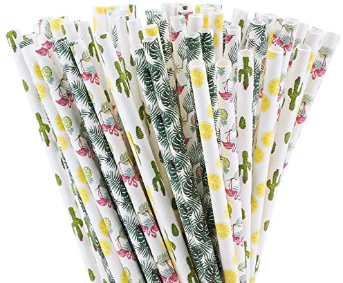 200 Pièces Hawaïennes Pailles en Papier Pailles à Boire Biodégradables et Recyclables Summer Luau Party Flamingo Cactus Pattern Jus Cocktail Pailles pour Anniversaire Mariage Articles de fête Aloha