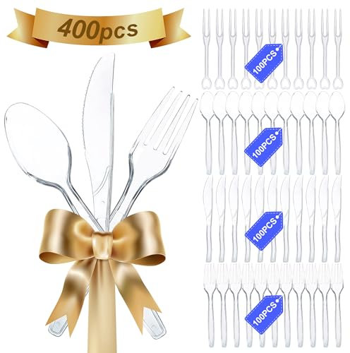 400PCS Cubiertos Reutilizables de Plástico - Cucharas, Tenedores, Cuchillos y Mini Tenedores De Fruta - Cubiertos de Fiesta
