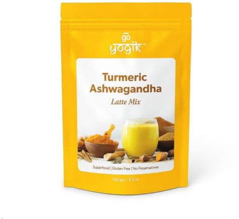 Go-Yogik Golden Milk Kurkuma Ashwagandha Latte 3.5 oz (40 Tassen) mit Lakadong Kurkuma Pulver (~10% Curcumin) v/s 2% in Regulärem, Zuckerfrei, Koffeinfrei, Vegan, Glutenfrei