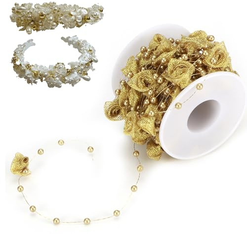 Tissting 10m Decorazione con Ghirlanda di Perle, Rose a Nastro Oro Rocchetto di Filo Nastro Decorative, Tenda Appendere Ghirlanda Rotolo di Ghirlande di Perle per Matrimoni, Feste, Albero di Natale