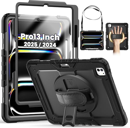 SEYMCY Case for iPad Pro 13 inch 2025(M5)/2024(M4), Full-body Shockproof with Screen Protector, 360° Rotating Stand & Hand Strap, Shoulder Strap, Pencil Holder for iPad Pro 13 M5/M4, Black