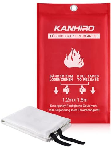 Kanhiro - Coperta antincendio da cucina, 1,2 m x 1,8 m, in fibra di vetro, DIN EN 1869:2019, per design di sicurezza accidentale per cucina, camino, barbecue, auto, campeggio