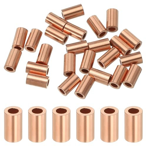 sourcing map 1/16(1.2mm) Wire Rope Stop Sleeve, Copper Crimping Loops Sleeve Round Crimp Ferrules for Wire Rope and Cable Ferrule, Gold 25Pcs