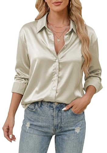 Stamain Dam Silkesblus, Satin, Långärmad Button Down, Enkel Skjorta Ledig Kontor Affärstopp, Champagne, XL