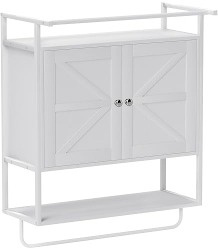 HOMCOM Armario de Pared para Baño Multiusos Armario Colgante de Almacenamiento Mueble de Baño Suspendido con Estante Toallero 2 Puertas 63x34x75 cm Blanco