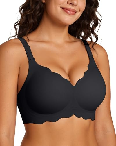 Adisputent Wireless Push Up Bras for Women Seamless Jelly Bra Comfort Non Wired Support Bra Full Coverage Bralettes Scalloped Everyday T Shirt Bras (Black,L)