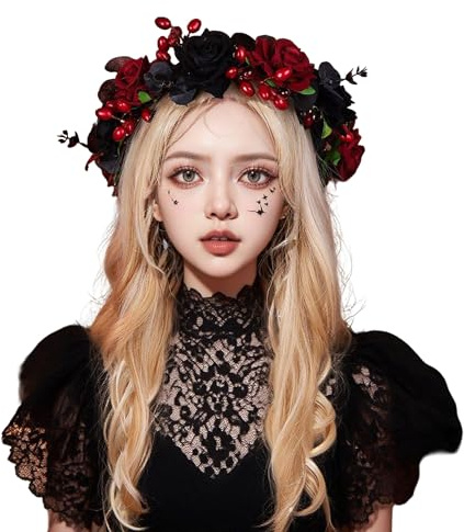 Couronne de fleurs pour femme - Serre-tête gothique - Couronne de fleurs - Coiffe elfe - Couronne gothique - Couronne rouge