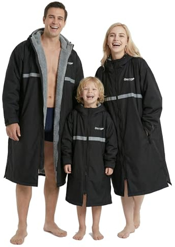 Owntop Peignoir à Langer pour Enfants, Imperméable Coupe-Vent à Séchage Rapide, Surdimensionné avec Poches Doublées en Peluche et Capuche pour Plage, Surf, Piscine, Camping(Noir et Gris,XXS)