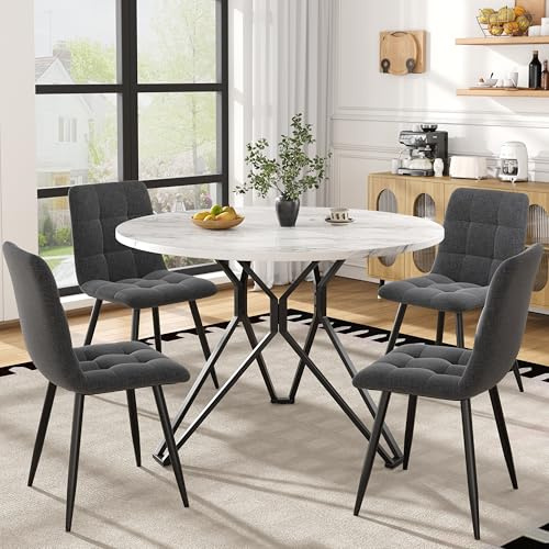 Runt matbord med 4 stolar, set för 4 personer, matgrupp, 5-delad MDF-marmor bordsskiva, svarta metallben för matsal, vardagsrum, kök, sittgrupp, vit