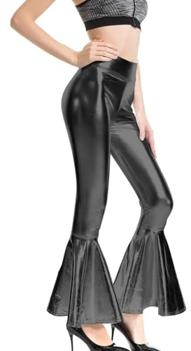 Generisch Pantalon de scène pour femme - En cuir synthétique brillant - Coupe étroite - Pour boîtes de nuit, festivals, performances - Jambe large, Noir , XXL